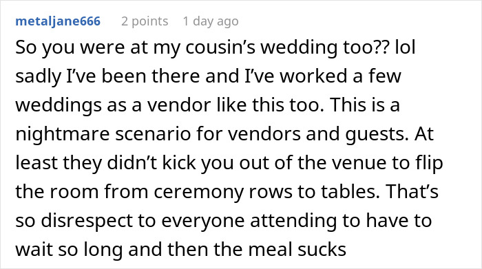 Comment describing a chaotic wedding experience, comparing it to sounds like a wedding on The Sims game.