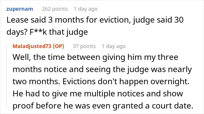 Screenshot of an online discussion about eviction timelines and court decisions involving a landlord and tenant dispute.