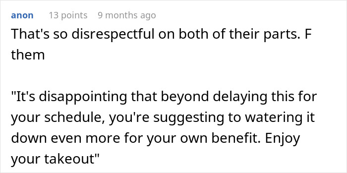 Text from a social media comment criticizing disrespect and sabotage related to a birthday dinner, discussing disappointment and takeout. Text from a social media comment criticizing disrespect and sabotage related to a birthday dinner, discussing disappointment and takeout.
