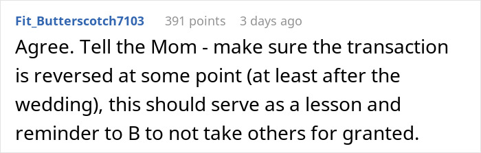 Screenshot of a Reddit comment discussing MOH overcharging and advice on reversing the transaction after the bachelorette event.
