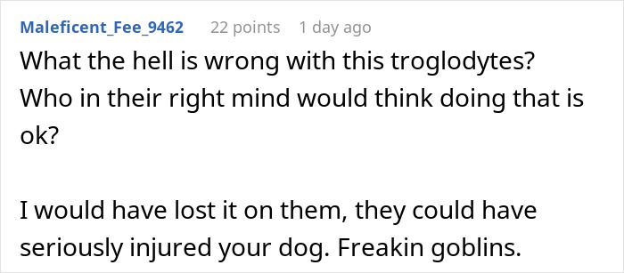 Comment expressing anger at parents for risking injury to a dog by letting kids ride it, calling them goblins.