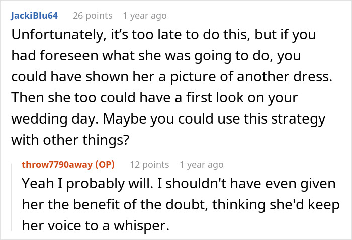 Screenshot of a Reddit conversation about a woman devastated as her MIL&rsquo;s loud comments ruin the magic of her wedding dress surprise.