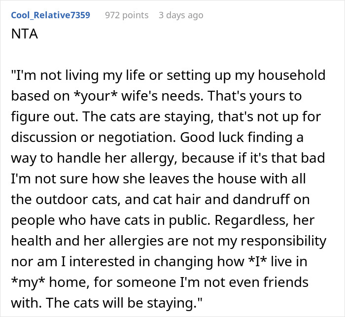 Comment discussing man demanding ex rehomes cats due to new wife&rsquo;s severe allergy to cats.