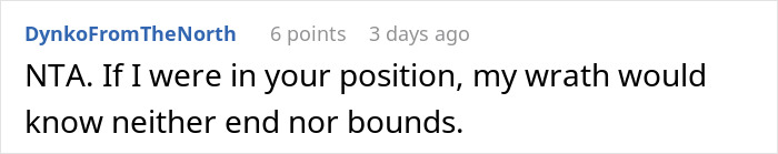 Text comment from DynkoFromTheNorth saying they would have endless wrath if in the woman&rsquo;s position over sister&rsquo;s friends drinking irreplaceable champagne