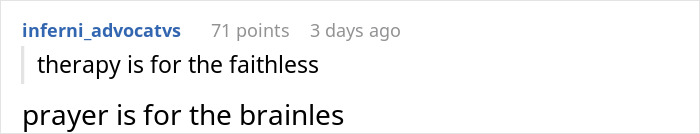 Screenshot of a social media comment saying therapy is for the faithless, reflecting a Christian woman's disbelief in therapy.