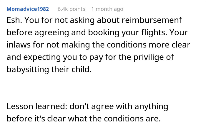 Comment discussing a couple flying out to babysit nephew while sister refuses to pay for flights, citing unclear conditions. Comment discussing a couple flying out to babysit nephew while sister refuses to pay for flights, citing unclear conditions.