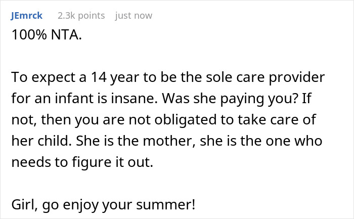 Screenshot of an online comment discussing a 14-year-old becoming paranoid and sleep-deprived after daily infant babysitting duties.