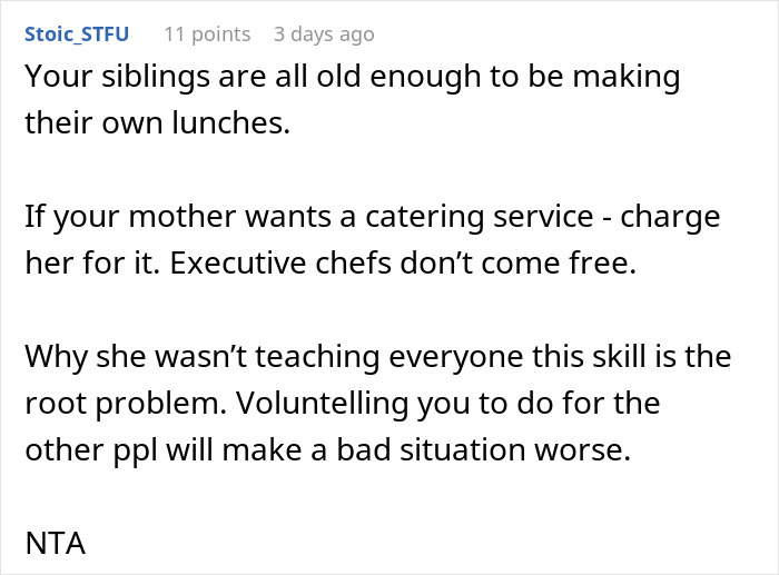 Screenshot of a forum comment discussing mom guilt-trips son who makes lunch only for himself and not siblings.