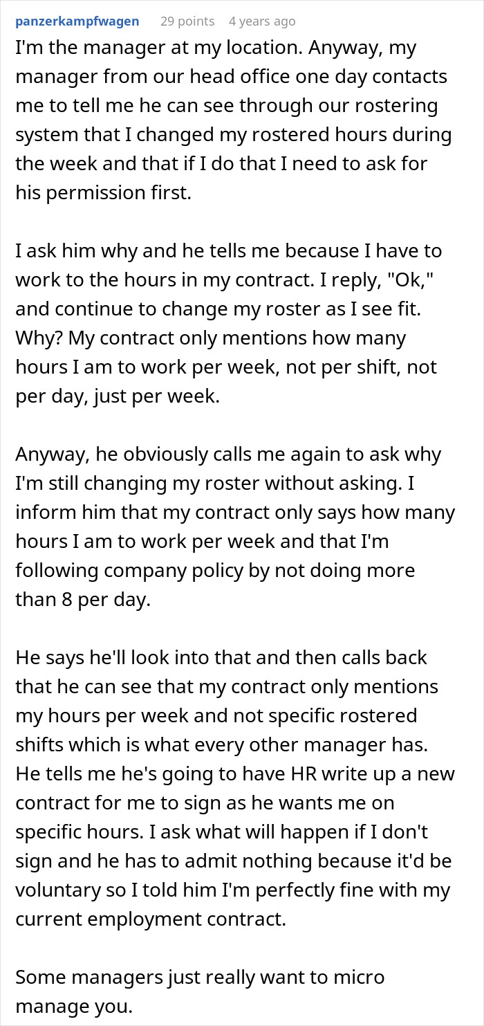 Text post discussing a guy sticking to his schedule after being told to stop being late and manage hours properly.