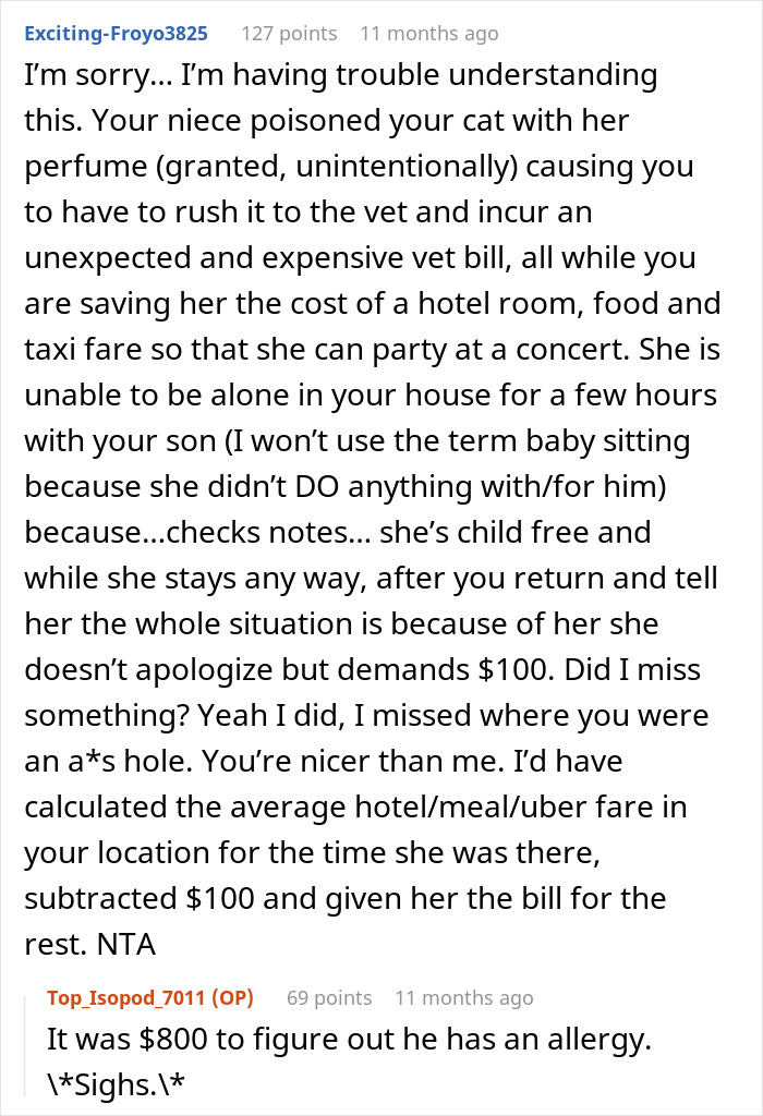 Discussion about a man needing niece to watch his 11YO son during an emergency, niece asks for $100 payment.