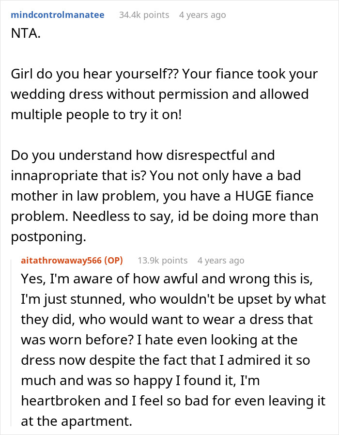 Screenshot of a reddit discussion about a woman baffled after her wedding dress was ruined by her demanding mother-in-law.