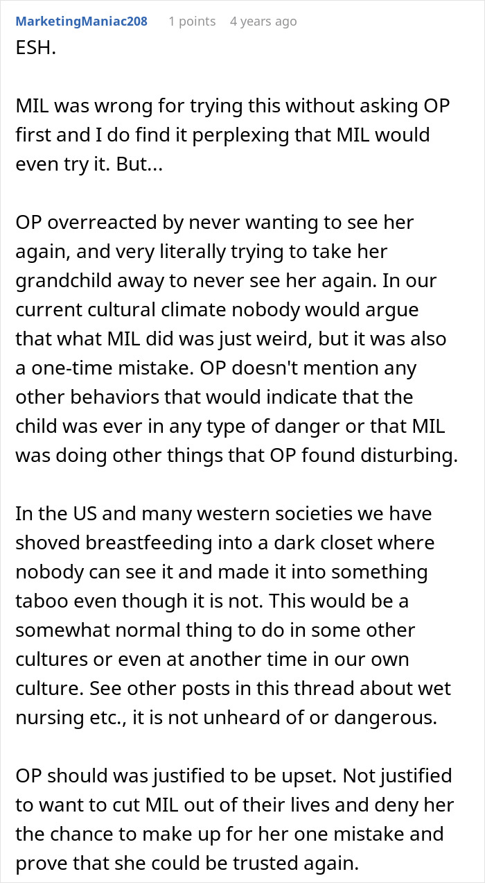 Comment discussing mother-in-law caught trying to breastfeed baby she was watching and mom&rsquo;s reaction.