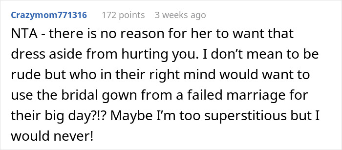 Comment discussing wedding dress sisters drama, expressing disbelief over wanting a bridal gown from a failed marriage.