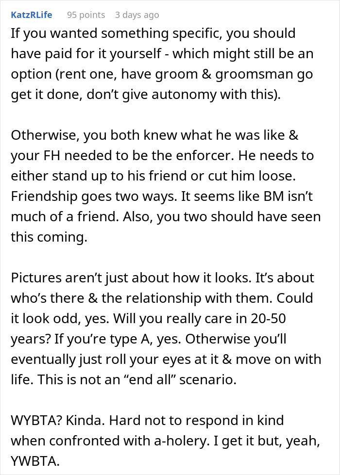 Comment discussing bride wanting to exclude best man from photos due to his outfit in a stereotypical American wedding context.
