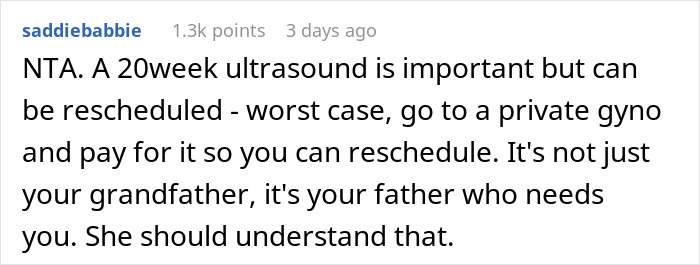 Comment discussing a man prioritizing a funeral over seeing his pregnant wife's ultrasound, emphasizing family needs.