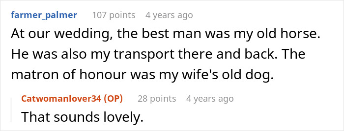 Comment showing a bride replacing kids with pets at her wedding, mentioning a horse and a dog as wedding attendants.