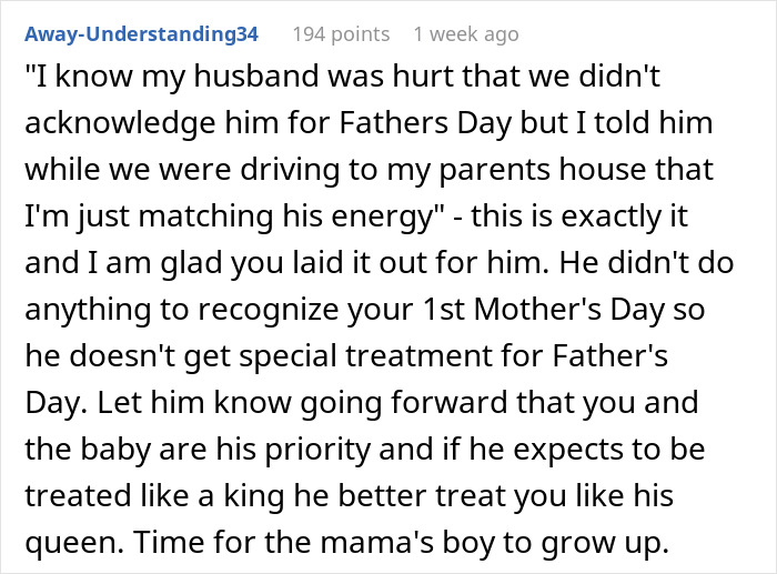Comment discussing a man hurt for skipping his wife&rsquo;s first Mother&rsquo;s Day to spend time with his mom.