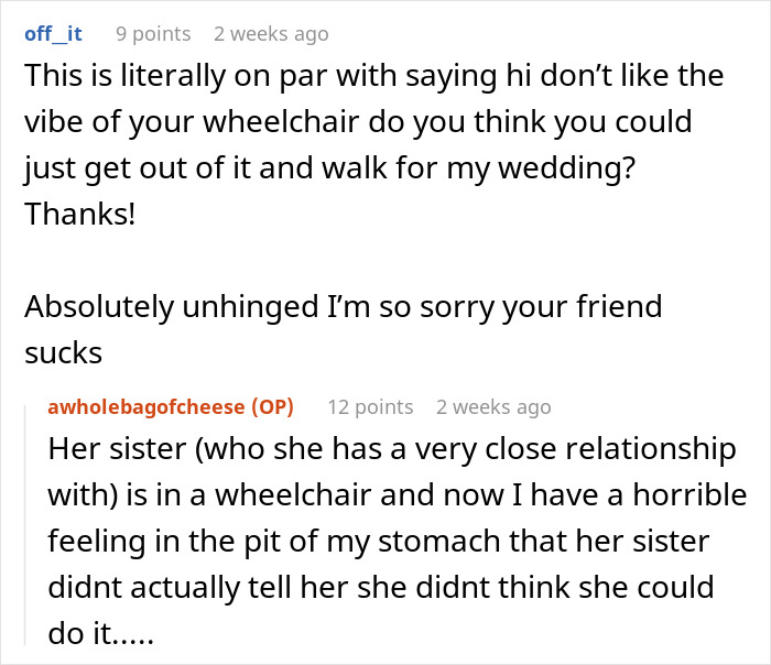 Reddit comments discussing a maid of honor with psoriasis banned by bride for refusing body makeup at the wedding.