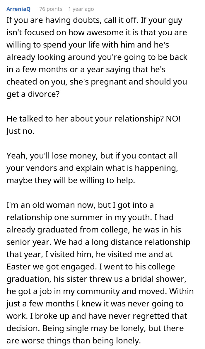 Comment text discussing a woman&rsquo;s experience with her fianc&eacute; having a crush on her best friend and relationship doubts.