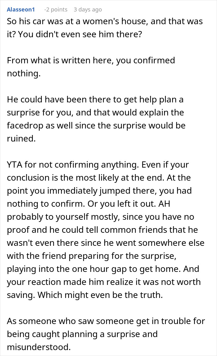 Commenter discussing woman confronting cheating boyfriend at another house, questioning proof and surprising intentions.