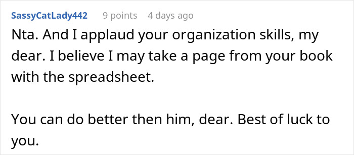Screenshot of a forum comment praising organization skills and mentioning a spreadsheet in relation to a breakup situation. Screenshot of a forum comment praising organization skills and mentioning a spreadsheet in relation to a breakup situation.