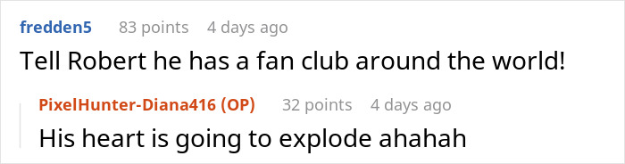 Screenshot of Reddit comments showing a user mentioning a fan club and a reply about someone's heart exploding.