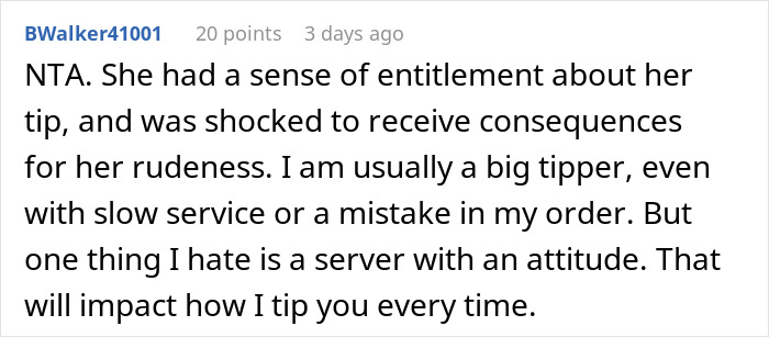 Screenshot of a Reddit comment discussing attitude affecting tipping behavior in an am I the jerk for tipping 83 cents thread.