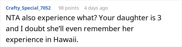 Comment text about a user doubting a mil-daughter surprise vacation memory, discussing child's age and Hawaii trip.