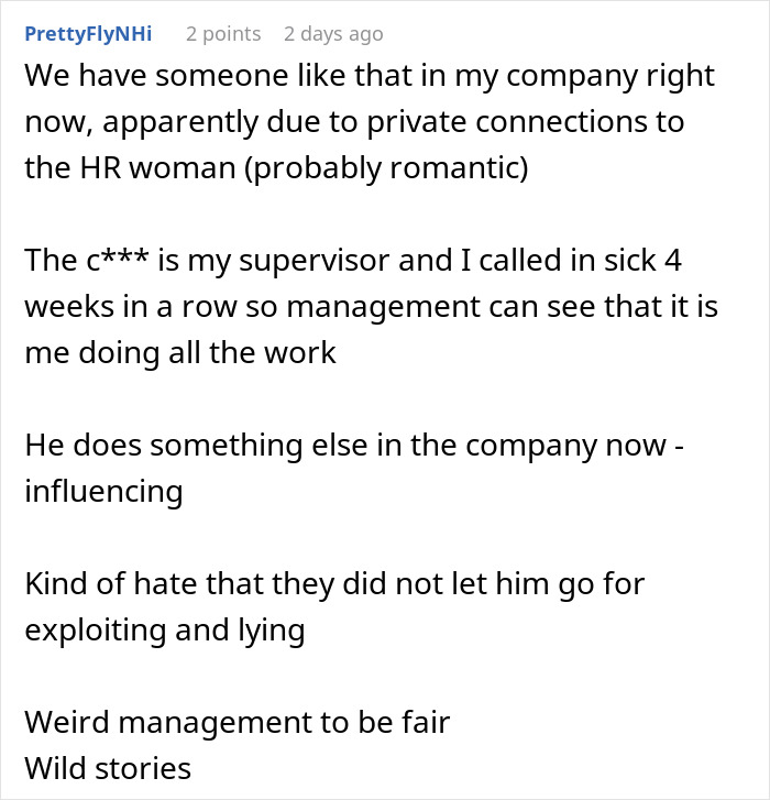 Text post discussing an influencer marketing coworker living a lie and causing workplace frustration.