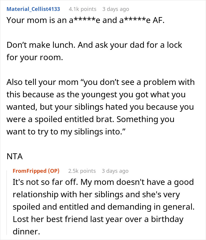 Screenshot of an online discussion about mom guilt-trips son who makes lunch only for himself, causing family tension.