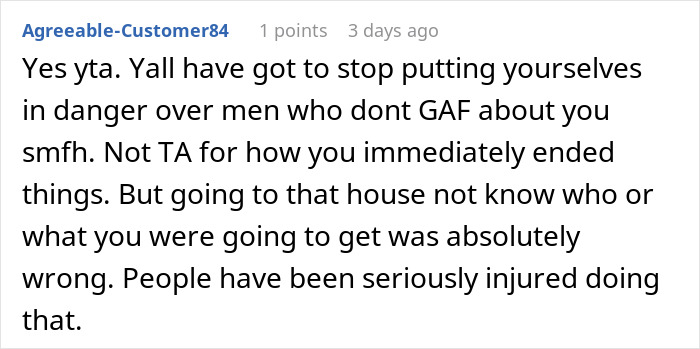 Screenshot of an online comment warning about dangers when a woman turns up at her cheating boyfriend&rsquo;s house.