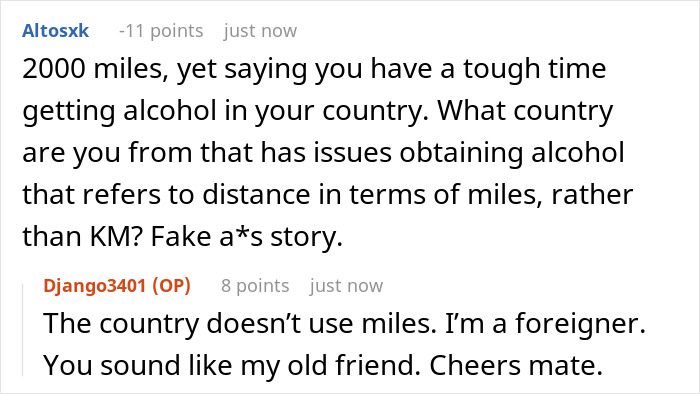 Online friend wine sample insult debate about alcohol access and measurement units in different countries.