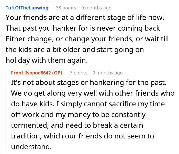 Reddit conversation about friends' kids causing chaos on trips and a couple seeking a way out of the misbehavior.