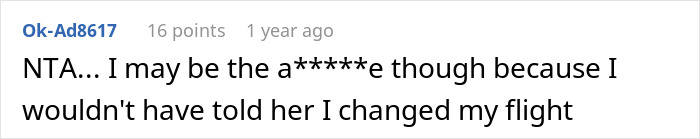 Screenshot of a Reddit comment discussing rebooking a flight to avoid babysitting a niece in an AITA thread. Screenshot of a Reddit comment discussing rebooking a flight to avoid babysitting a niece in an AITA thread.