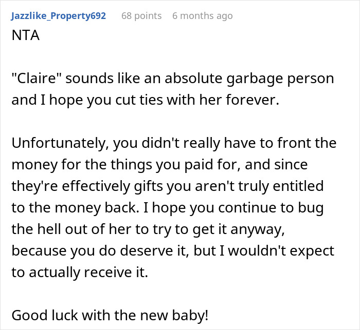 Comment excerpt discussing maid of honor demands thousands back after bride excludes her due to pregnancy weight controversy. Comment excerpt discussing maid of honor demands thousands back after bride excludes her due to pregnancy weight controversy.