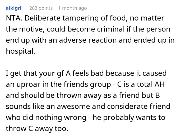 Text comment about food tampering and friend group drama in an online discussion about bone broth and meat allergy.