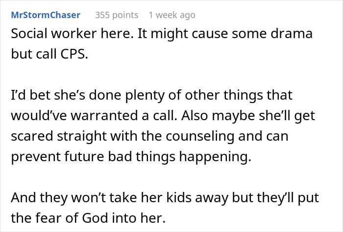 Social worker comments on poor parenting and potential custody issues after cousin babysits kids, suggesting CPS involvement.