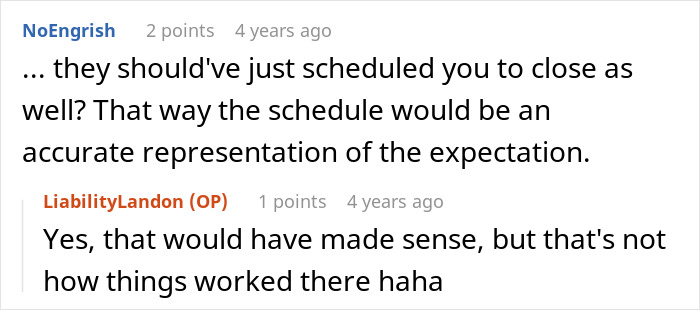 Screenshot of a Reddit conversation about sticking to a schedule and accurate representation of work expectations.