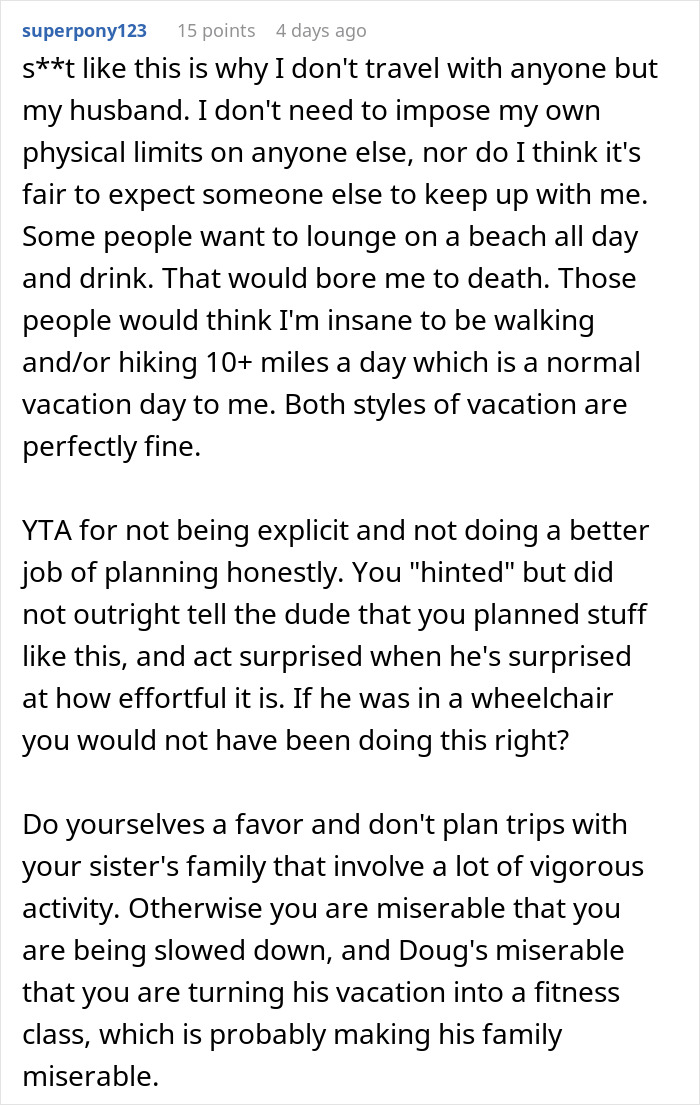 Comment discussing travel challenges and physical limits during a bil struggles China trip with different vacation styles.