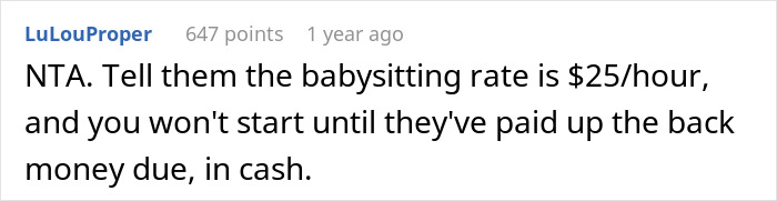Screenshot of an online comment discussing babysitting rates and payment terms related to free summer childcare requests.