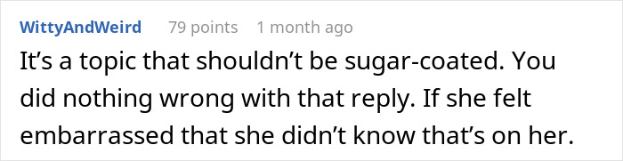 Comment from user WittyAndWeird discussing embarrassment and blunt communication about travel with friend concerns. Comment from user WittyAndWeird discussing embarrassment and blunt communication about travel with friend concerns.
