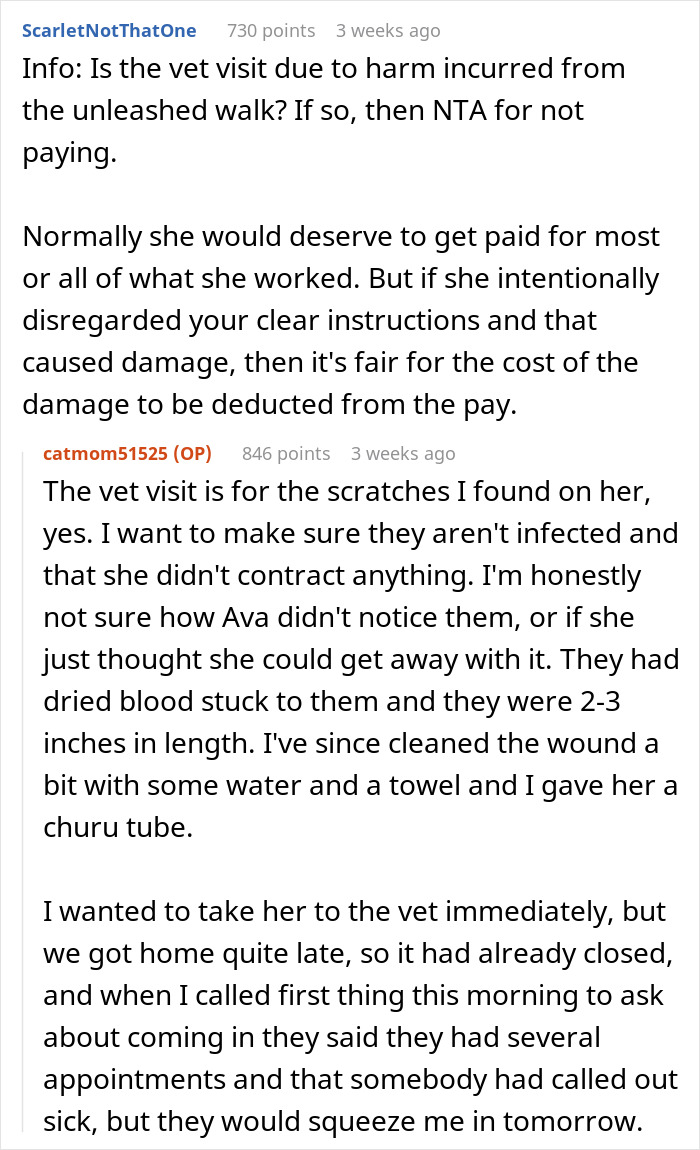 Reddit discussion about refusing to pay cat-sitter due to vet visit caused by sitter&rsquo;s negligence with scratches on cat.