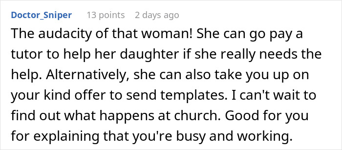 Comment discussing a freelancer shutting down an entitled church member demanding free work despite working from home.