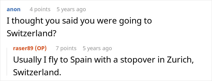 Screenshot of a Reddit conversation about an entitled mother insists paying upgrade while discussing travel plans involving Switzerland and Spain.