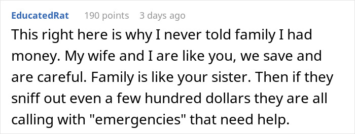 Comment discussing family drama after bride spends $25K savings and expects sister to fund wedding expenses.
