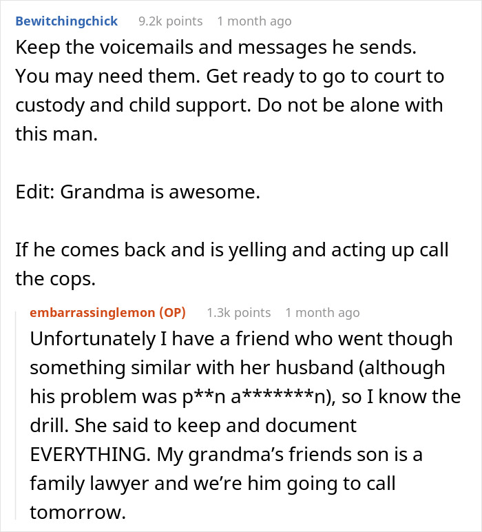 Reddit text exchange showing advice on handling a breakup involving custody, home buying, and legal preparation.