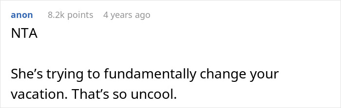 Screenshot of an online comment discussing vacation without kids babysitting and the impact on vacation plans. Screenshot of an online comment discussing vacation without kids babysitting and the impact on vacation plans.