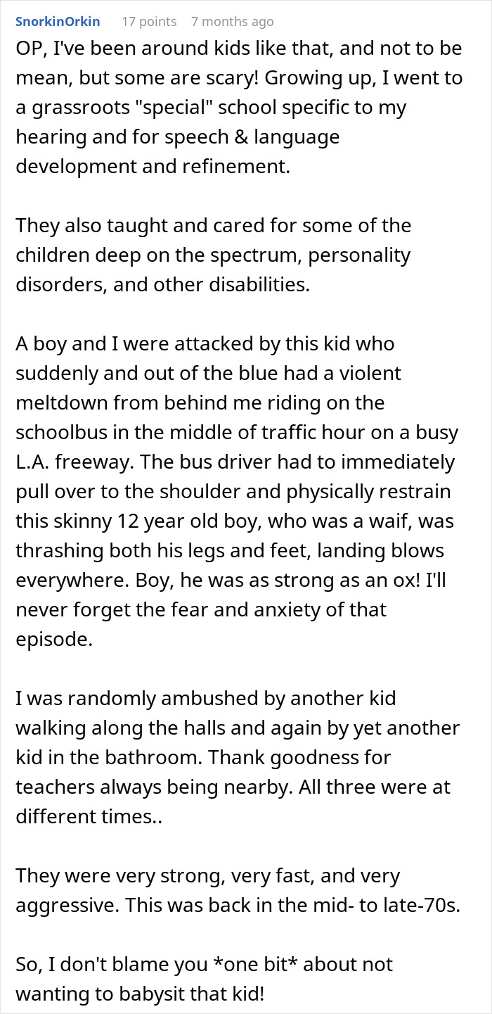 Comment describing a babysitter refusing to watch one specific child amid discrimination accusations from the mother.