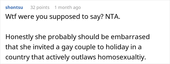 Comment discussing woman being blunt about travel reasons and facing accusations of embarrassing her friend online. Comment discussing woman being blunt about travel reasons and facing accusations of embarrassing her friend online.