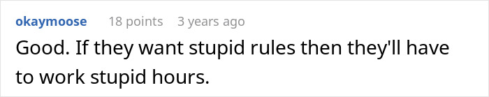 Comment about employee complying with company rules and consequences faced by boss in a casual online discussion. Comment about employee complying with company rules and consequences faced by boss in a casual online discussion.